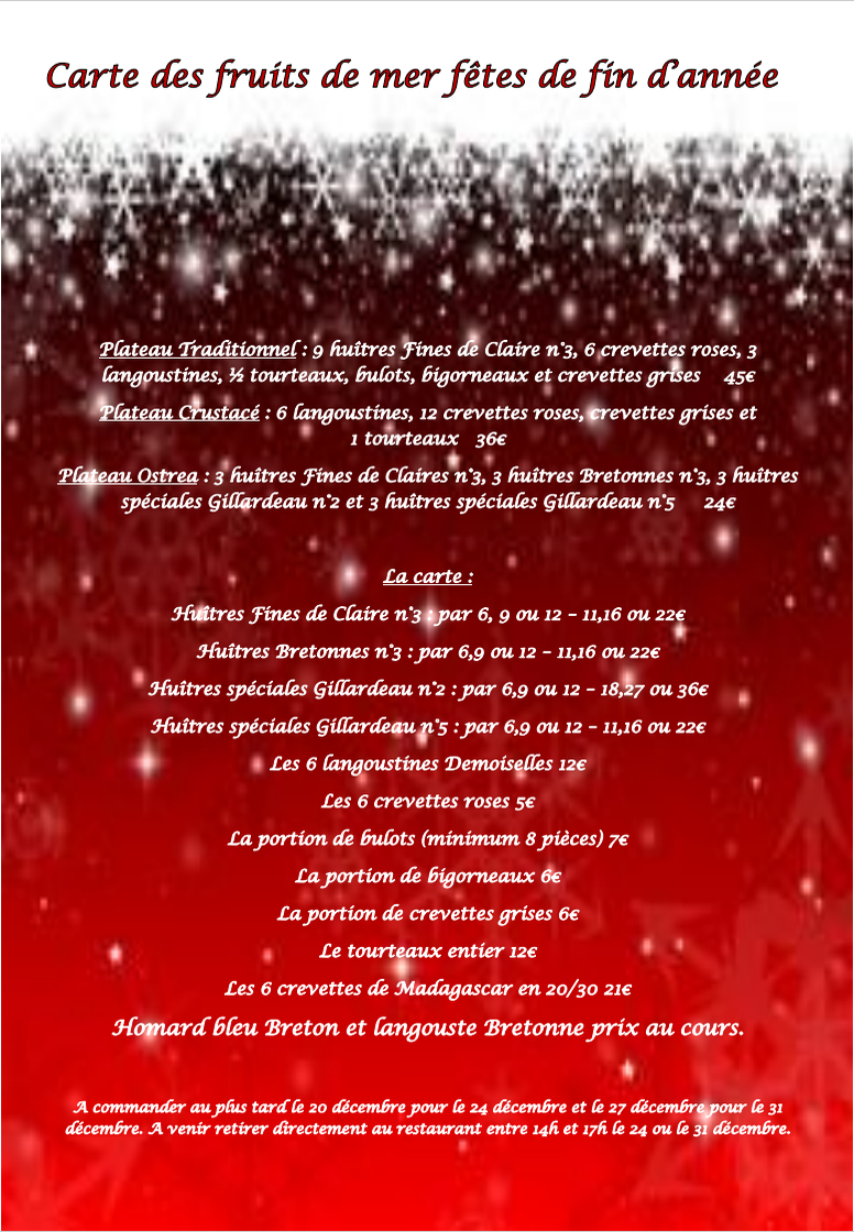 carte fruits de mer fêtes de fin d'année